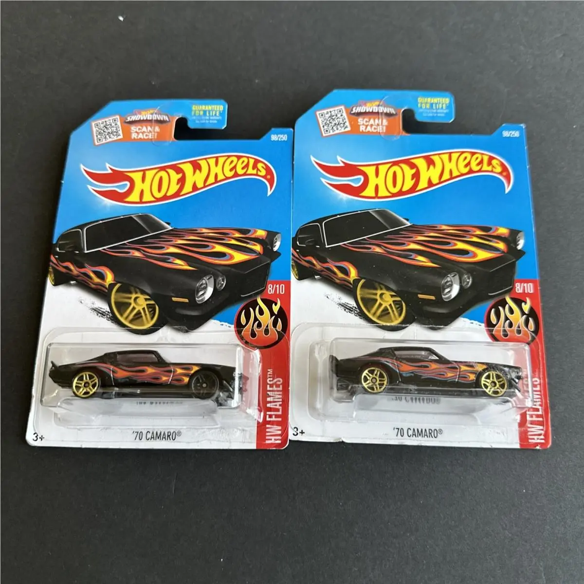 2016 Hot Wheels 98 HW Flames 8/10 `70 Camaro Black W/gold One Error Black Wheel