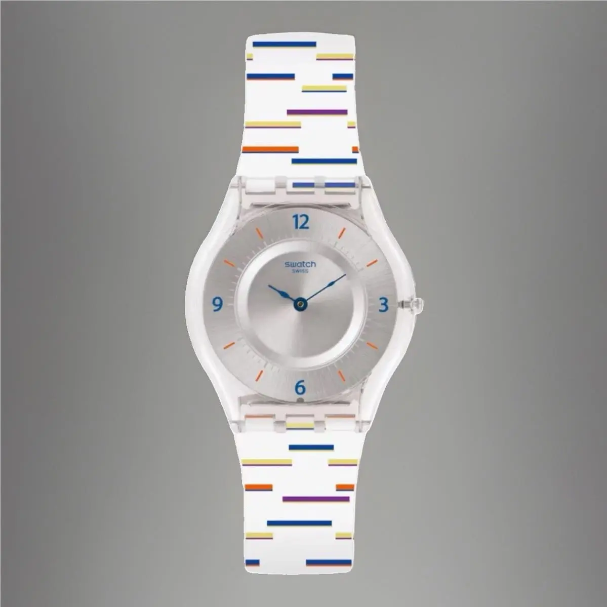 Swatch Thin Liner SFE108 Silver Dial White Multicolor Rubber Band