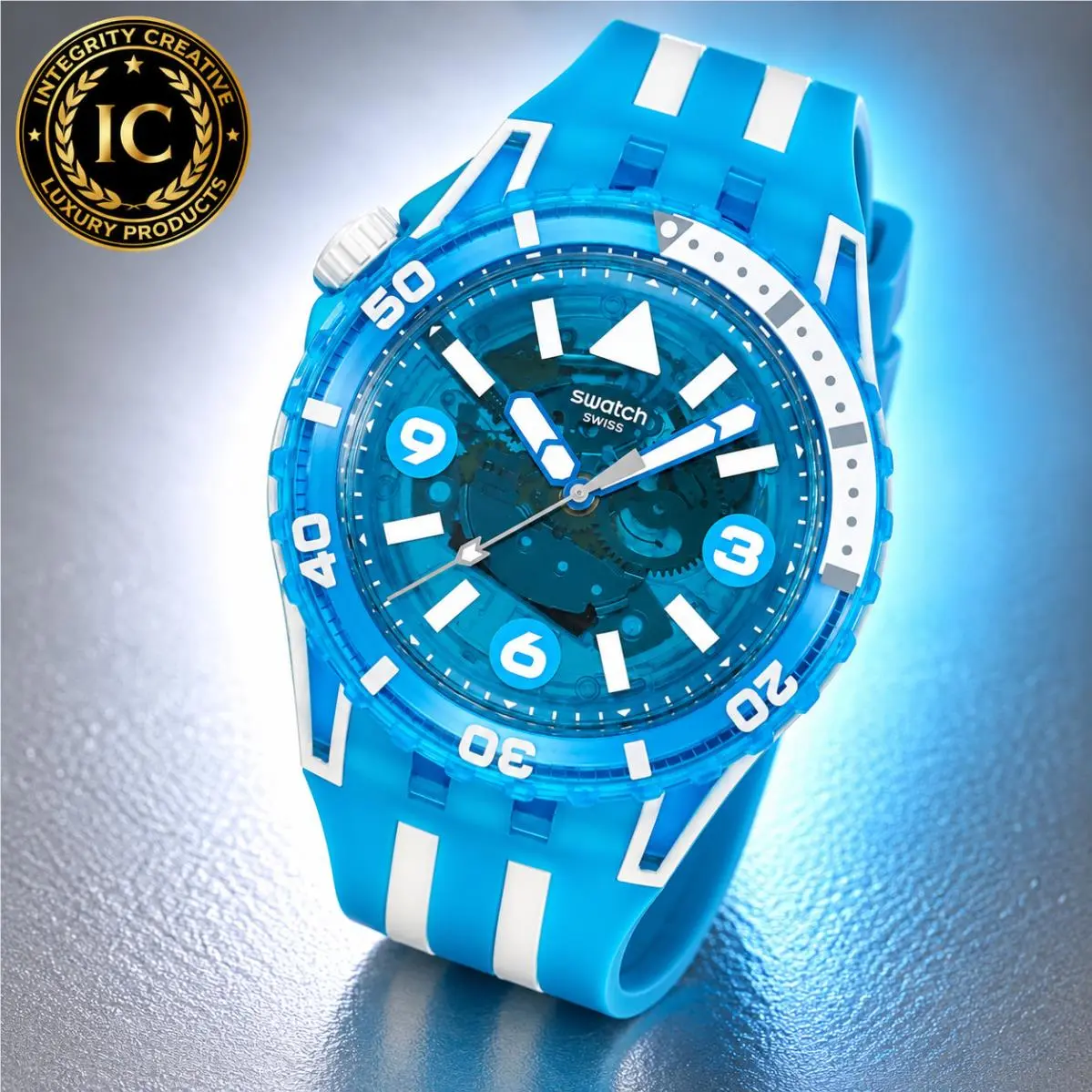 Swatch Unisex 44mm Quartz Diver Skeleton Watch White Sky Blue Dial Silicone