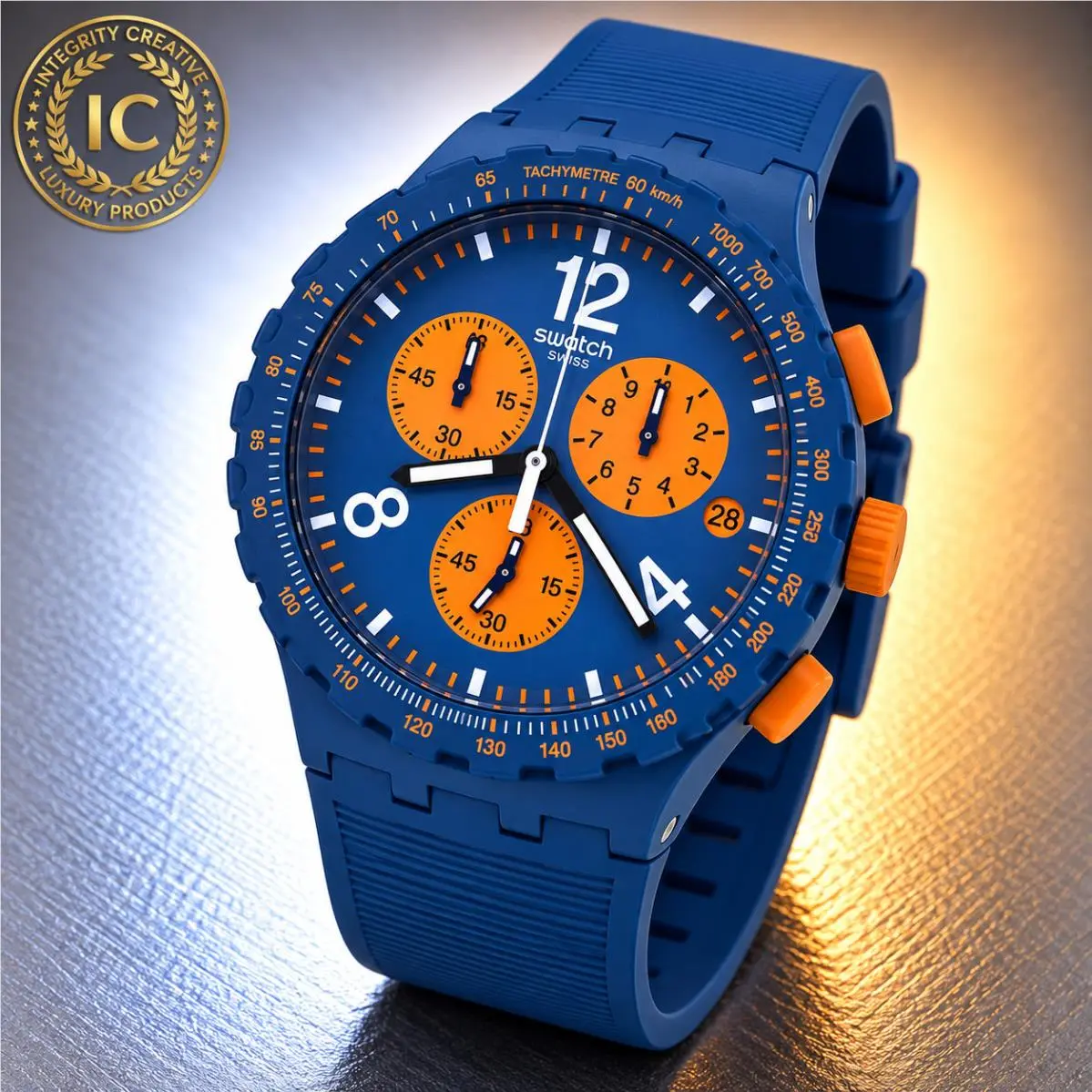 Swatch Unisex 42mm Quartz Chronograph Watch Blue Orange Dial Silicone Strap