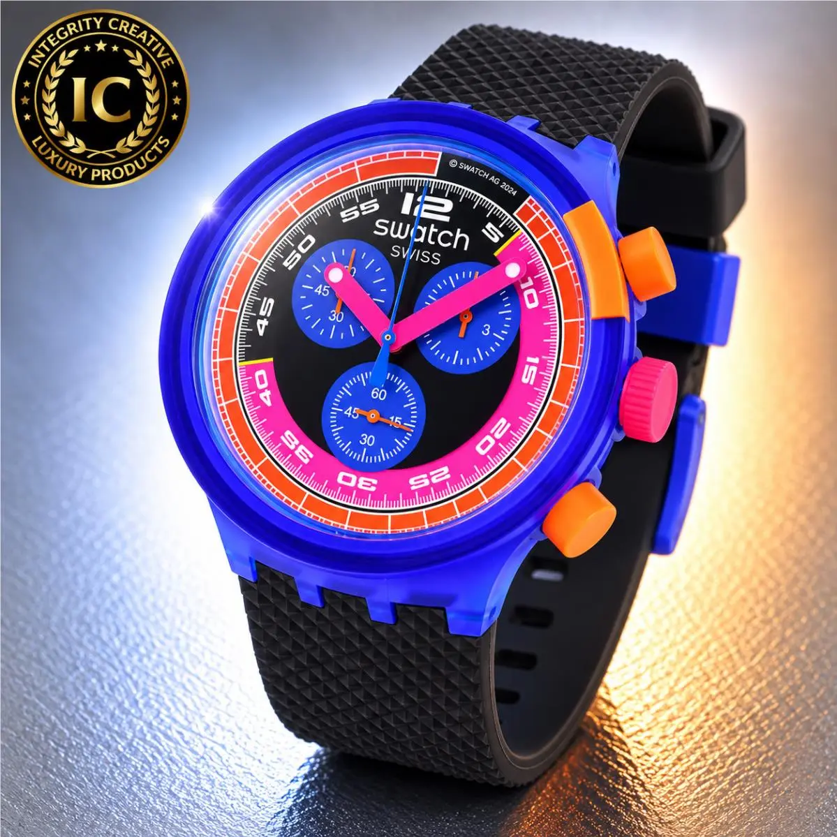 Swatch Unisex 47mm Quartz Chronograph Watch Black Blue Neon Dial Silicone Strap