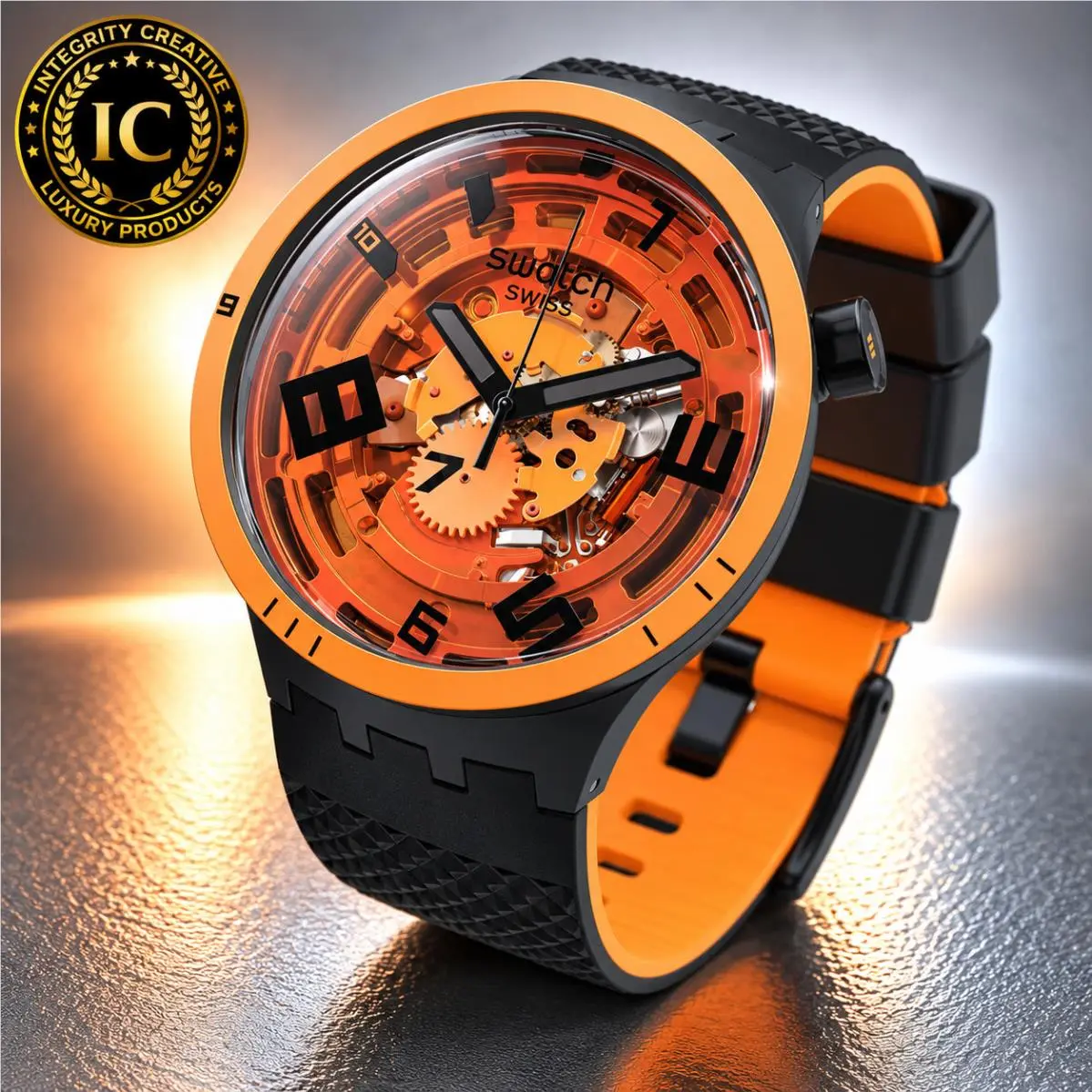Swatch Unisex 47mm Quartz Skeleton Chronograph Watch Silicone Gray Orange Dial