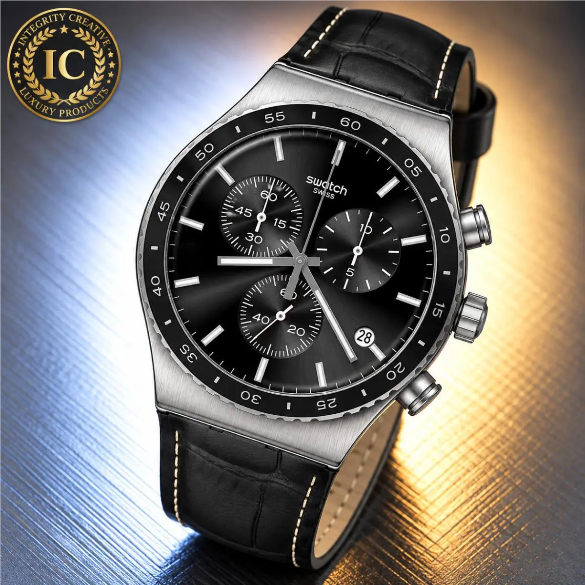 Swatch Unisex 43mm Quartz Chronograph Watch Leather Strap Black Dial Wristwatch