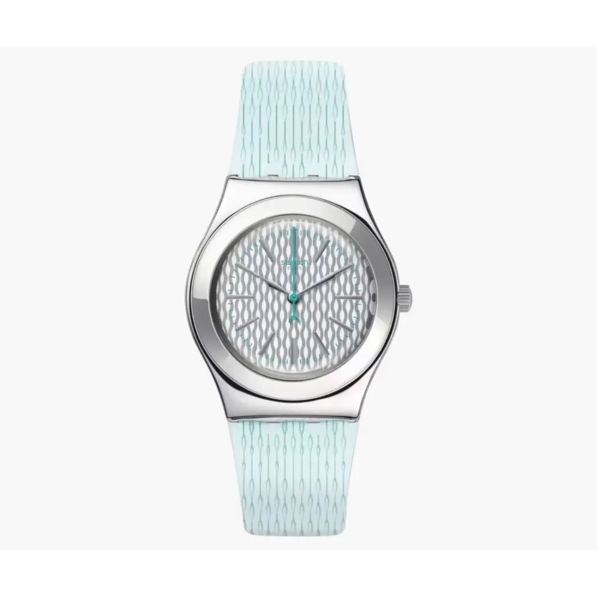 Swatch Mint Halo YLS193 Women’s Silver Dial Mint Color Rubber Band Watch - Dial: Silver, Band: Mint, Bezel: Silver