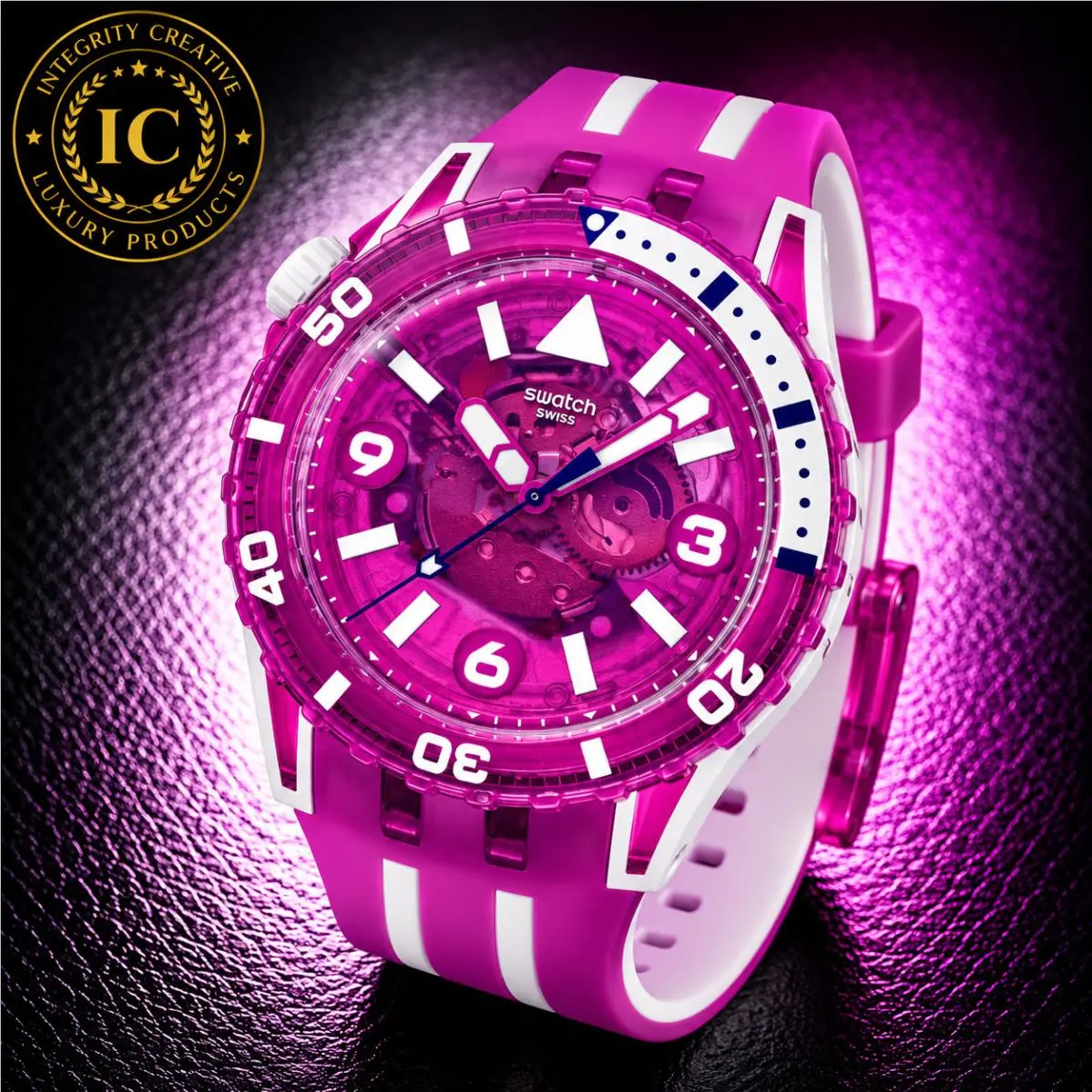 Swatch Unisex 44mm Quartz Diver Skeleton Watch White Purple Dial Silicone Wrist
