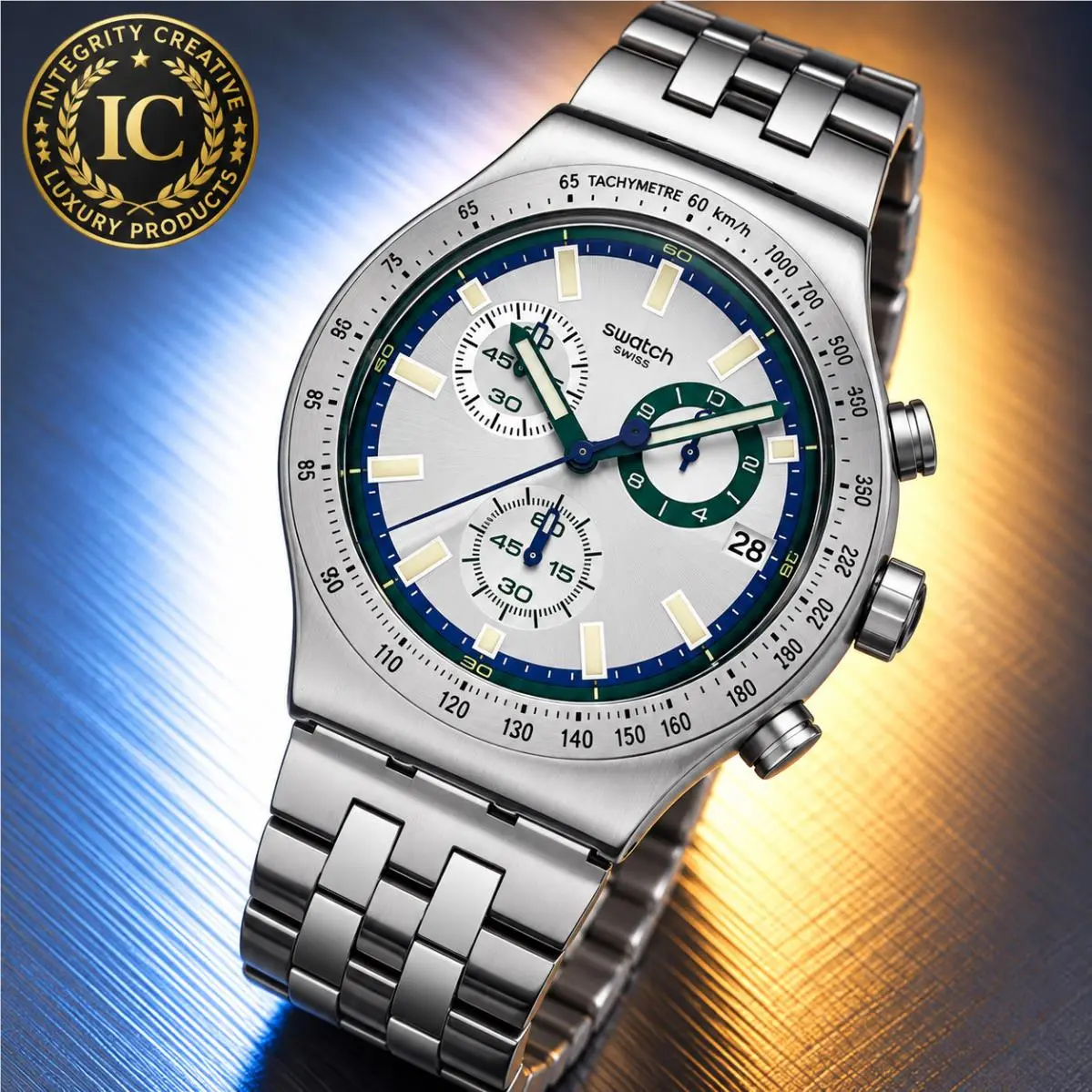 Swatch Unisex 43mm Quartz Chronograph Watch Stainless Steel Bracelet White Dial