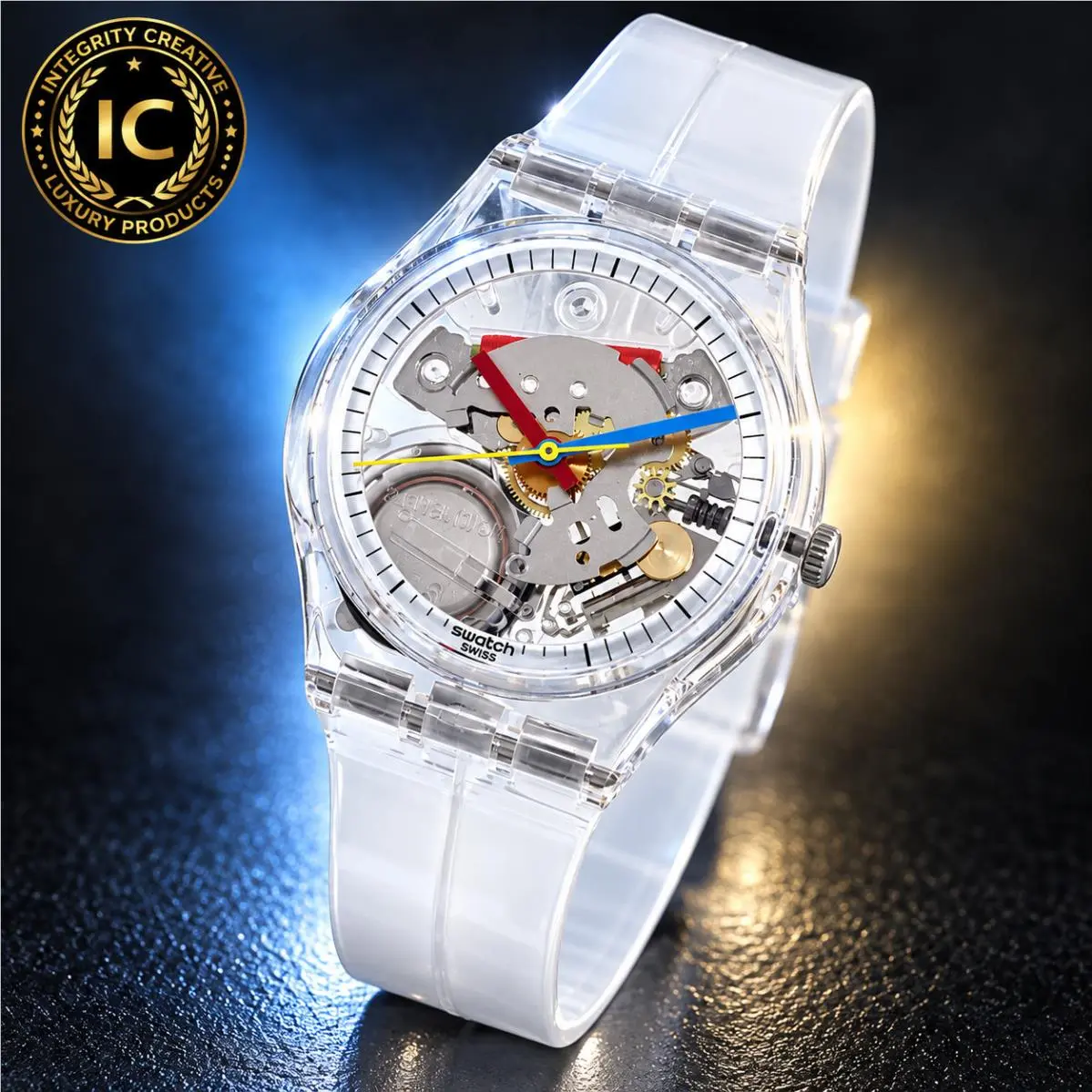 Unisex 34mm Quartz Skeleton Watch Clear Dial Silicone Strap Wristwatch by Swatch
