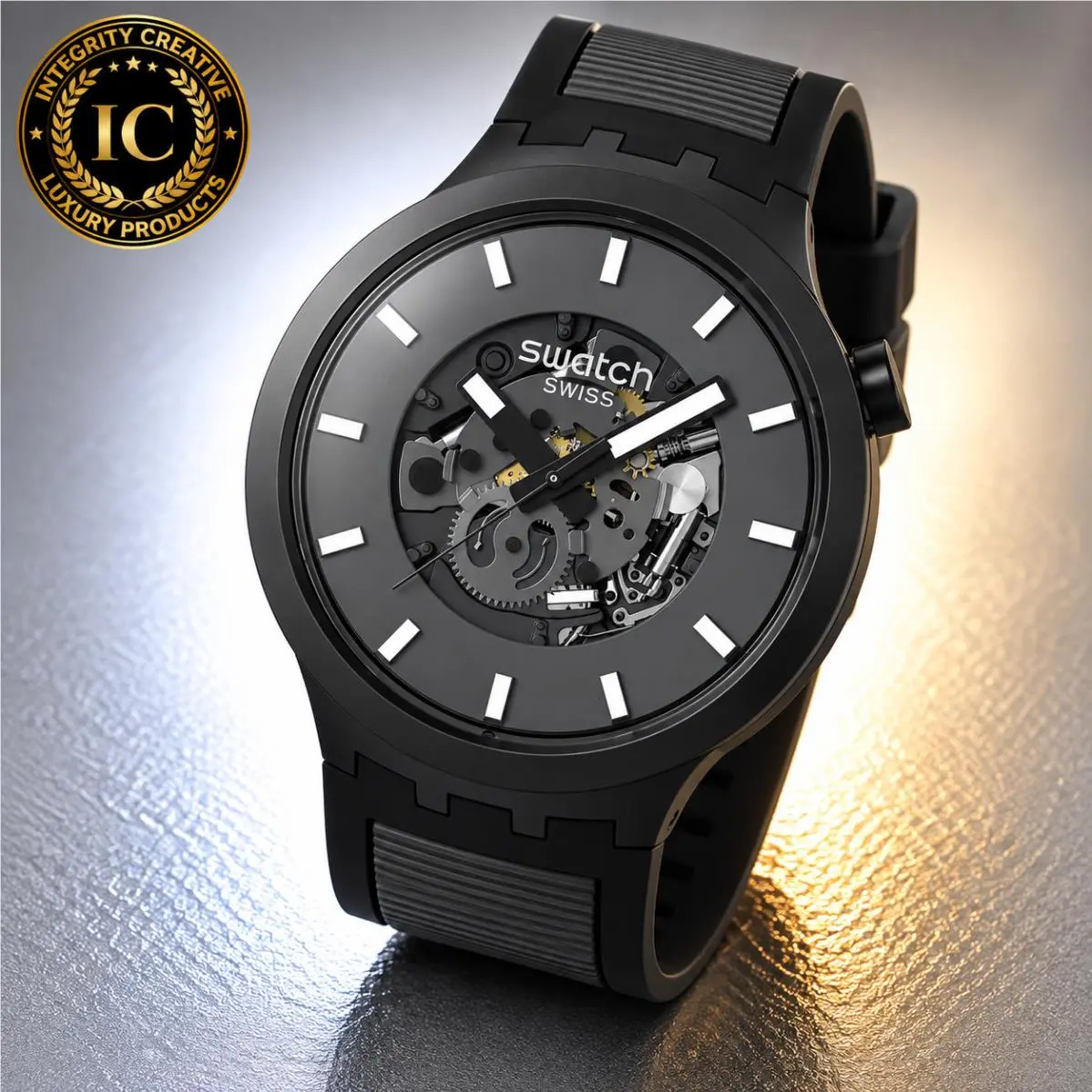 Swatch Unisex 47mm Quartz Skeleton Analog Watch Silicone Black Gray Dial Strap