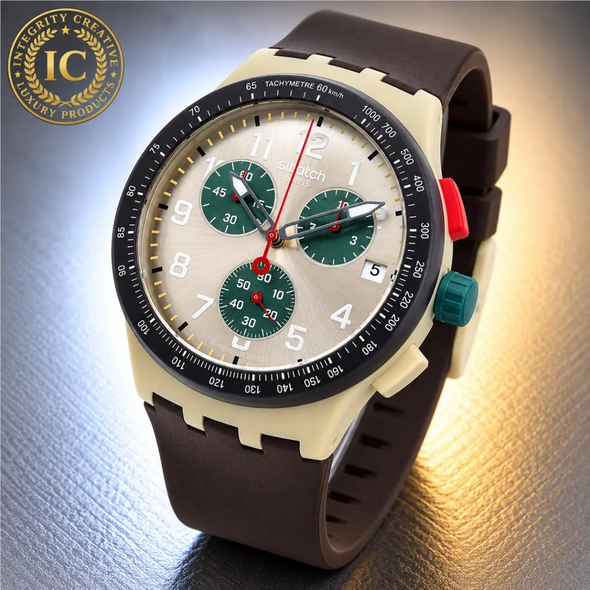 Swatch Unisex 42mm Quartz Chronograph Analog Watch Beige Dial Brown Silicone