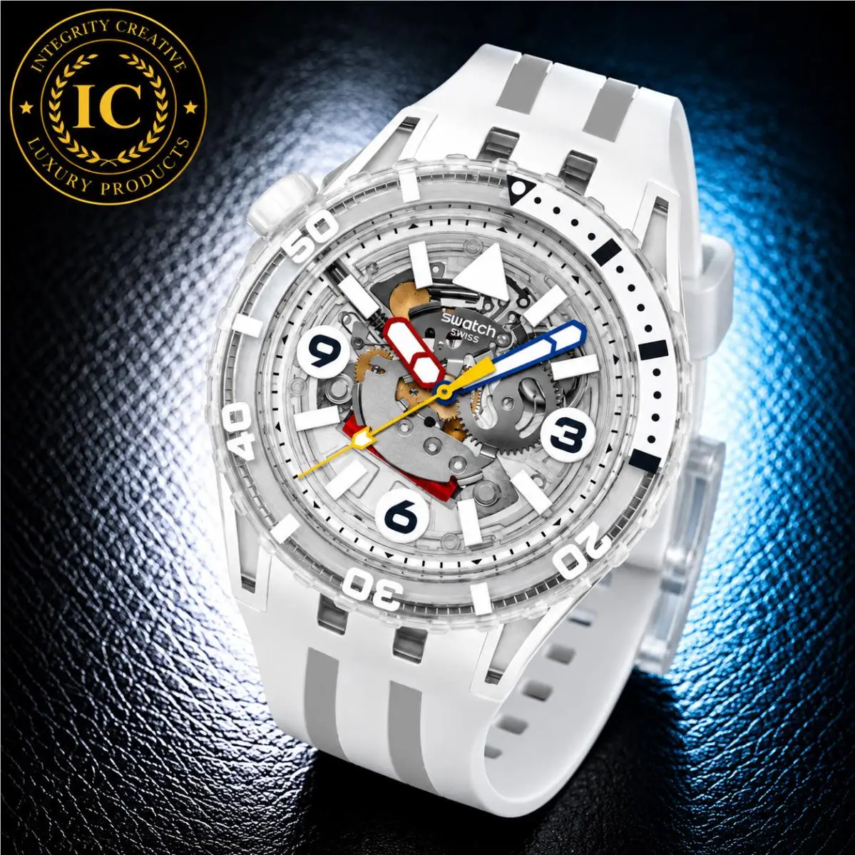 Swatch White Unisex 44mm Quartz Diver Skeleton Watch White Clear Dial Silicone