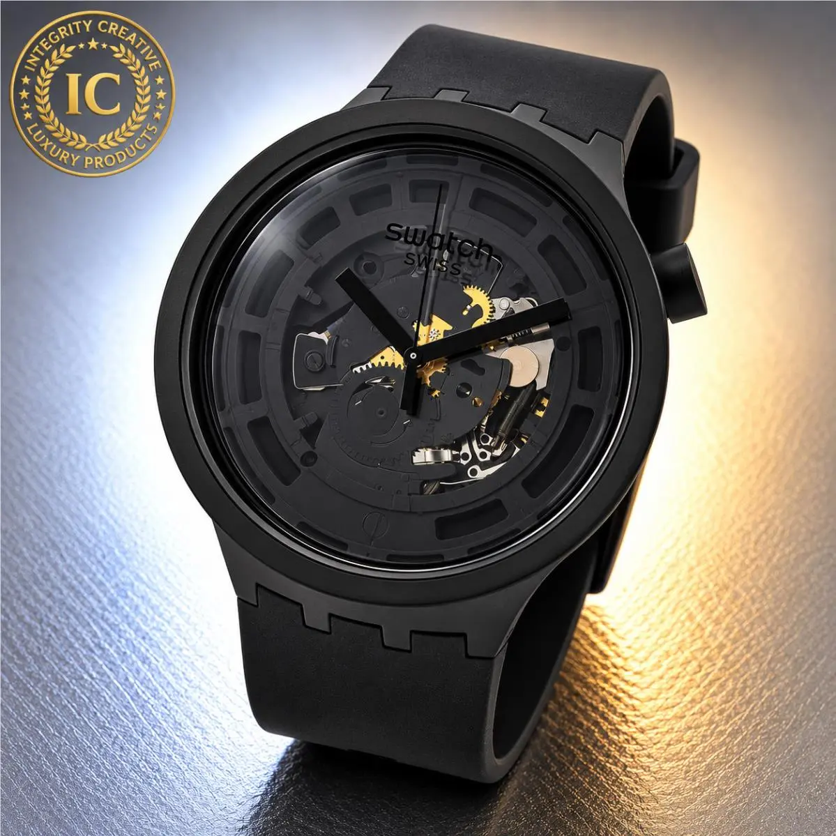 Swatch Unisex 47mm Quartz Skeleton Analog Watch Clear Black Dial Silicone Strap