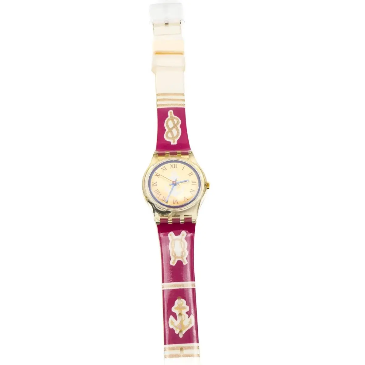 Vintage 1992 Swatch Lady Red Knot LK130 Nautical Marine Watch - Red, Dial: Gold, Red, Band: Beige, Gold, Red