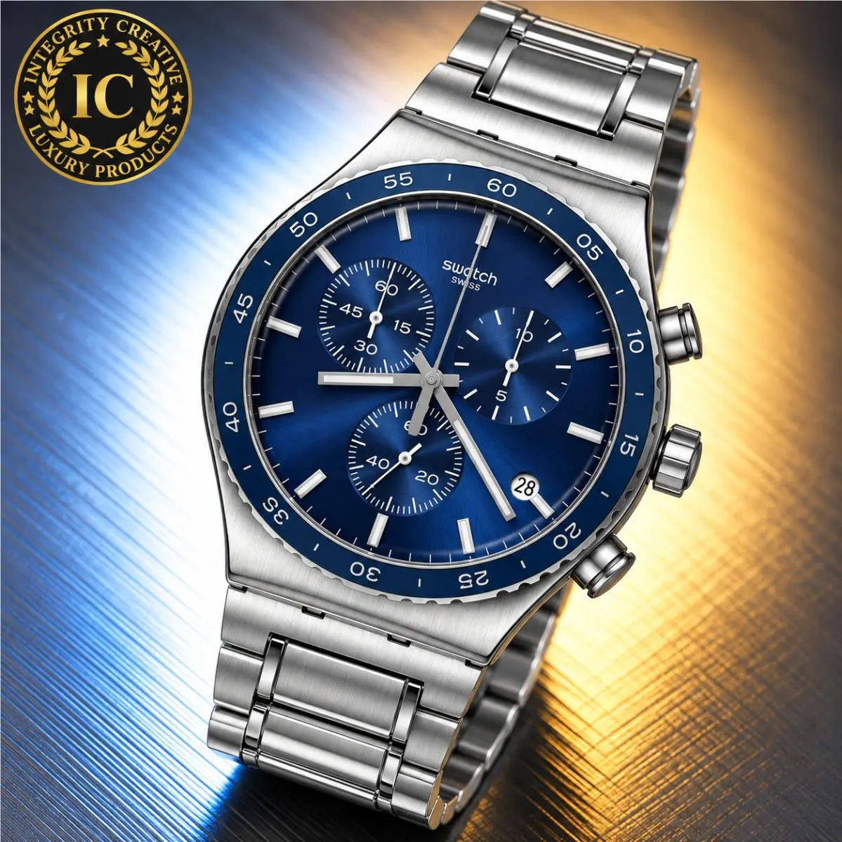 Swatch Unisex 43mm Quartz Analog Watch Stainless Steel Bracelet Blue Dial Bezel