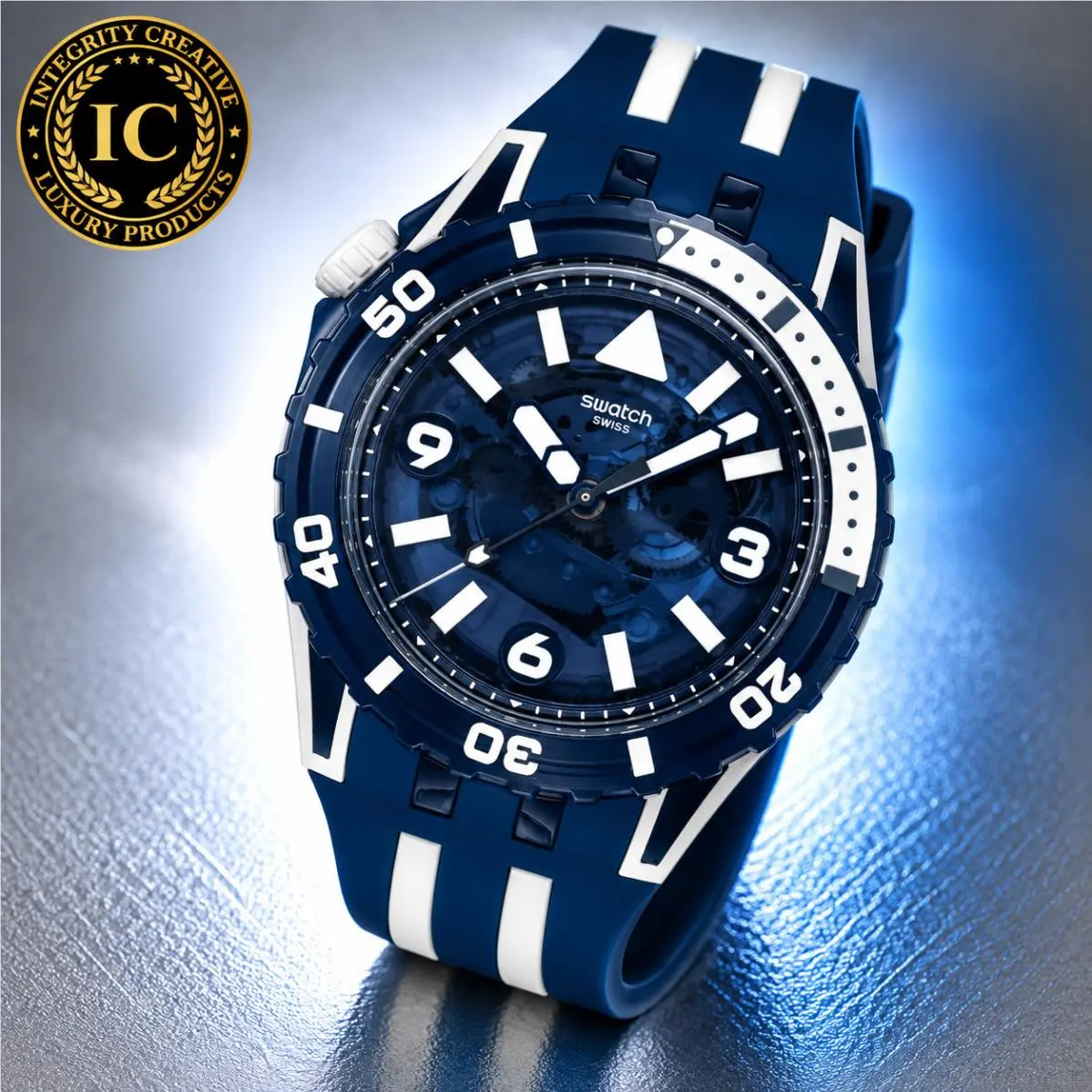 Swatch Unisex 44mm Quartz Diver Skeleton Watch White Navy Blue Dial Silicone