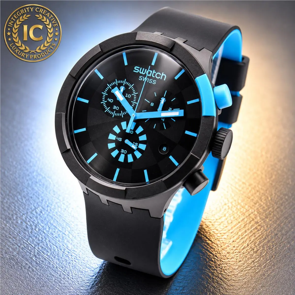Swatch Unisex 47mm Quartz Chronograph Watch Black Blue Dial Silicone Strap