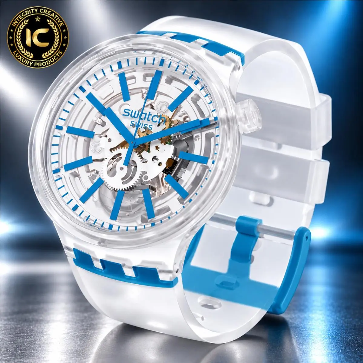 Unisex Swatch Watch 47MM Big Bold Skeleton Clear Blue Dial Silicone Strap Wrist