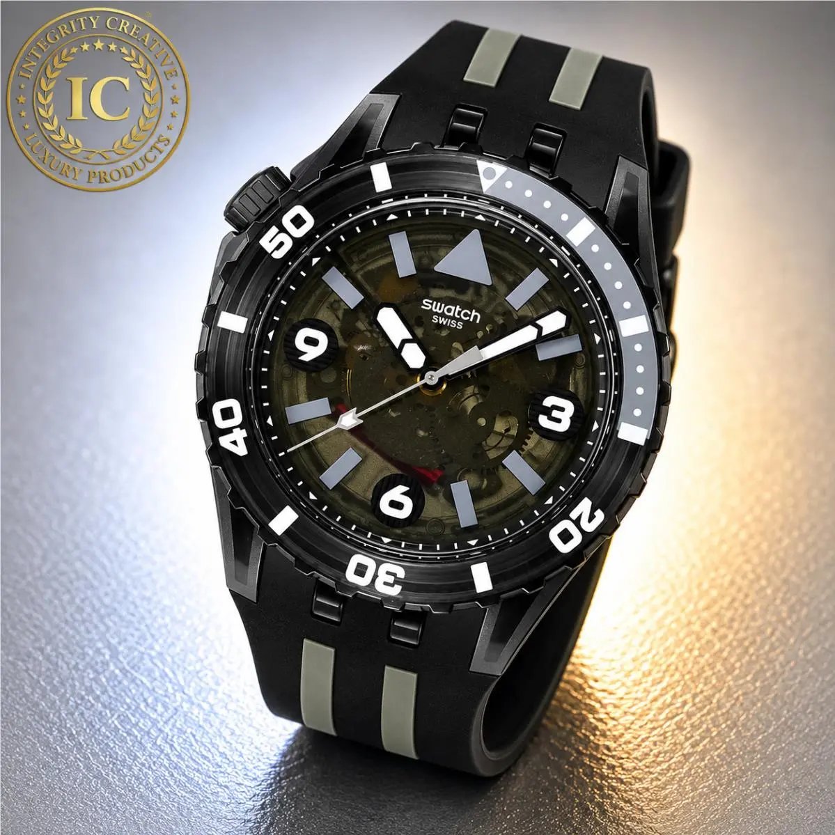 Unisex 44mm Quartz Diver Skeleton Watch Gray Grey Black Dial Silicone by Swatch