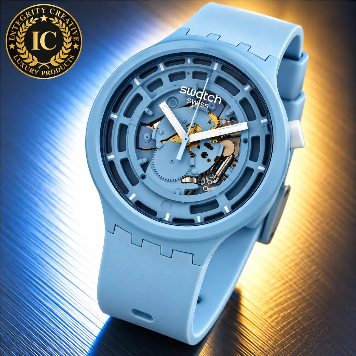 Swatch Unisex 47mm Quartz Skeleton Watch Silicone Strap Blue Dial Wristwatch