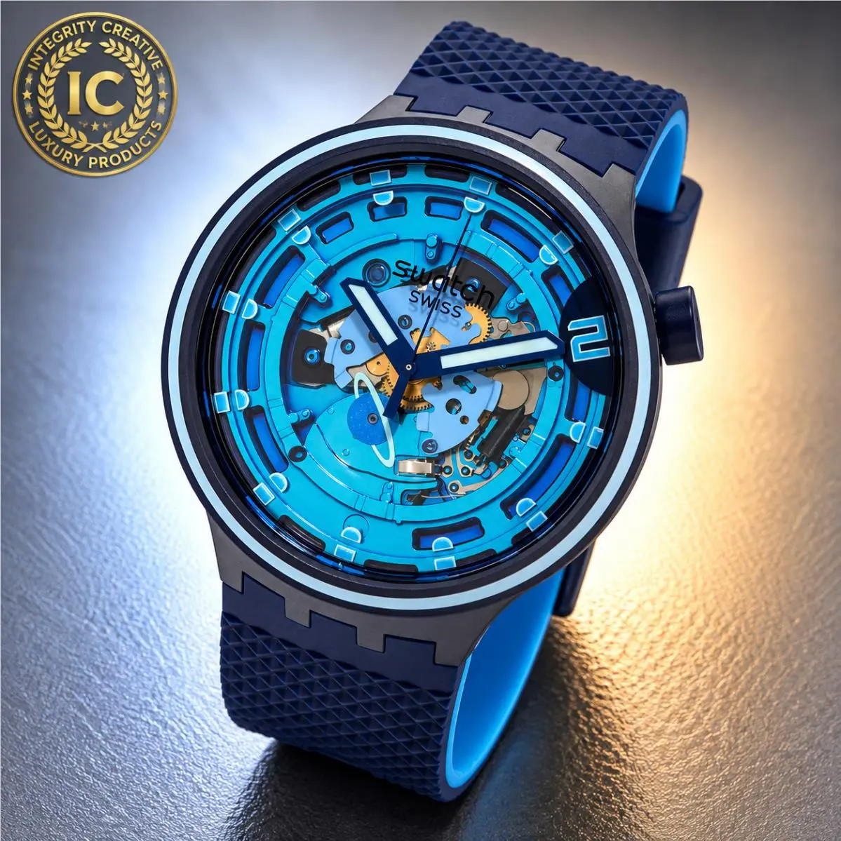 Swatch Unisex 47mm Quartz Skeleton Analog Watch Silicone Blue Dial Navy Strap