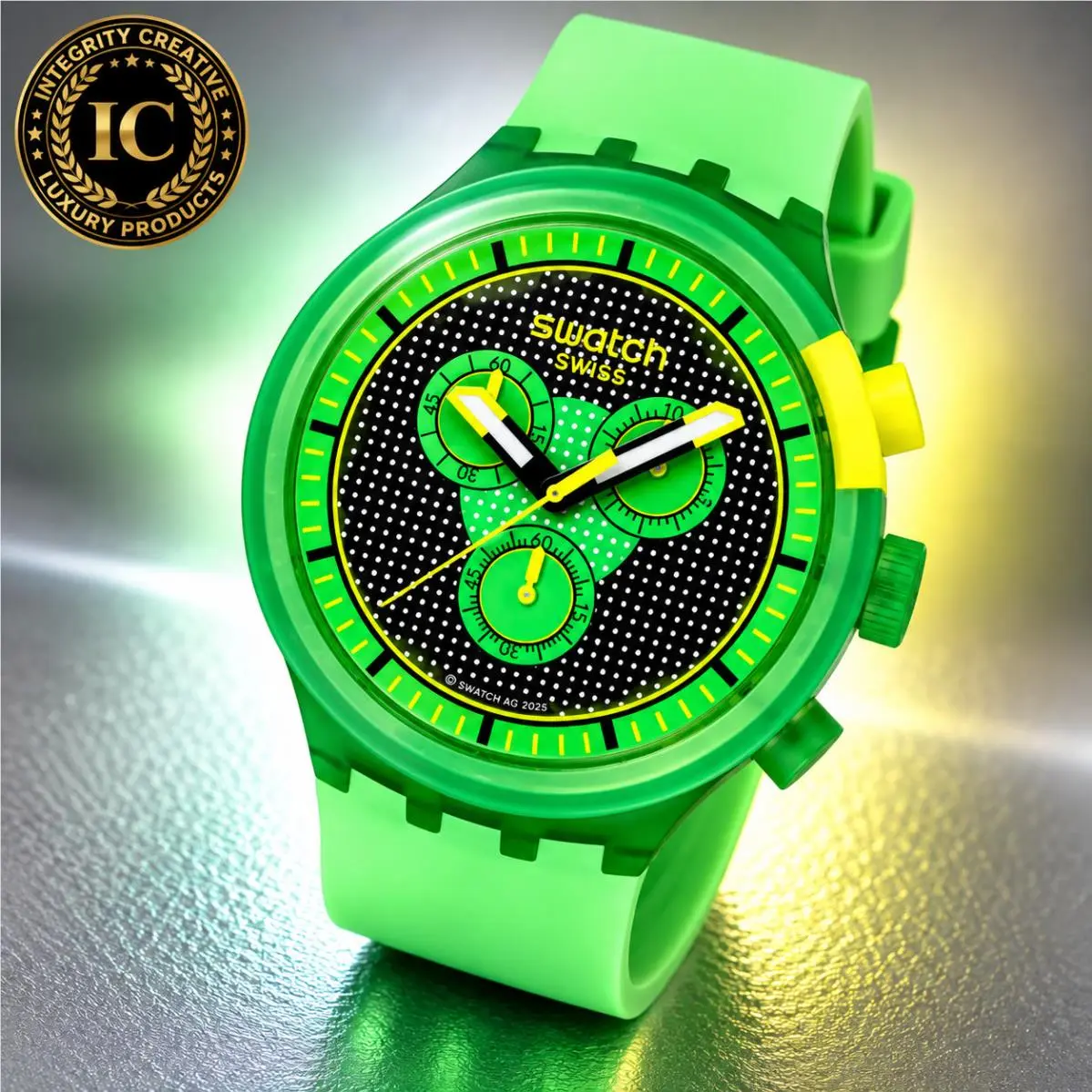 Swatch Green Unisex 47mm Quartz Chronograph Watch Silicone Yellow Green Dial