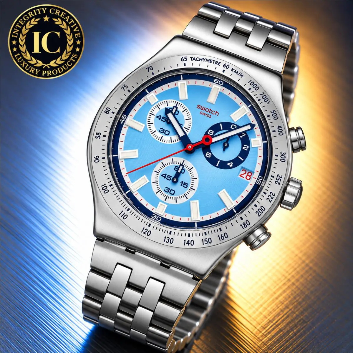 Swatch Unisex 43mm Quartz Chronograph Watch Stainless Steel Bracelet Blue Dial