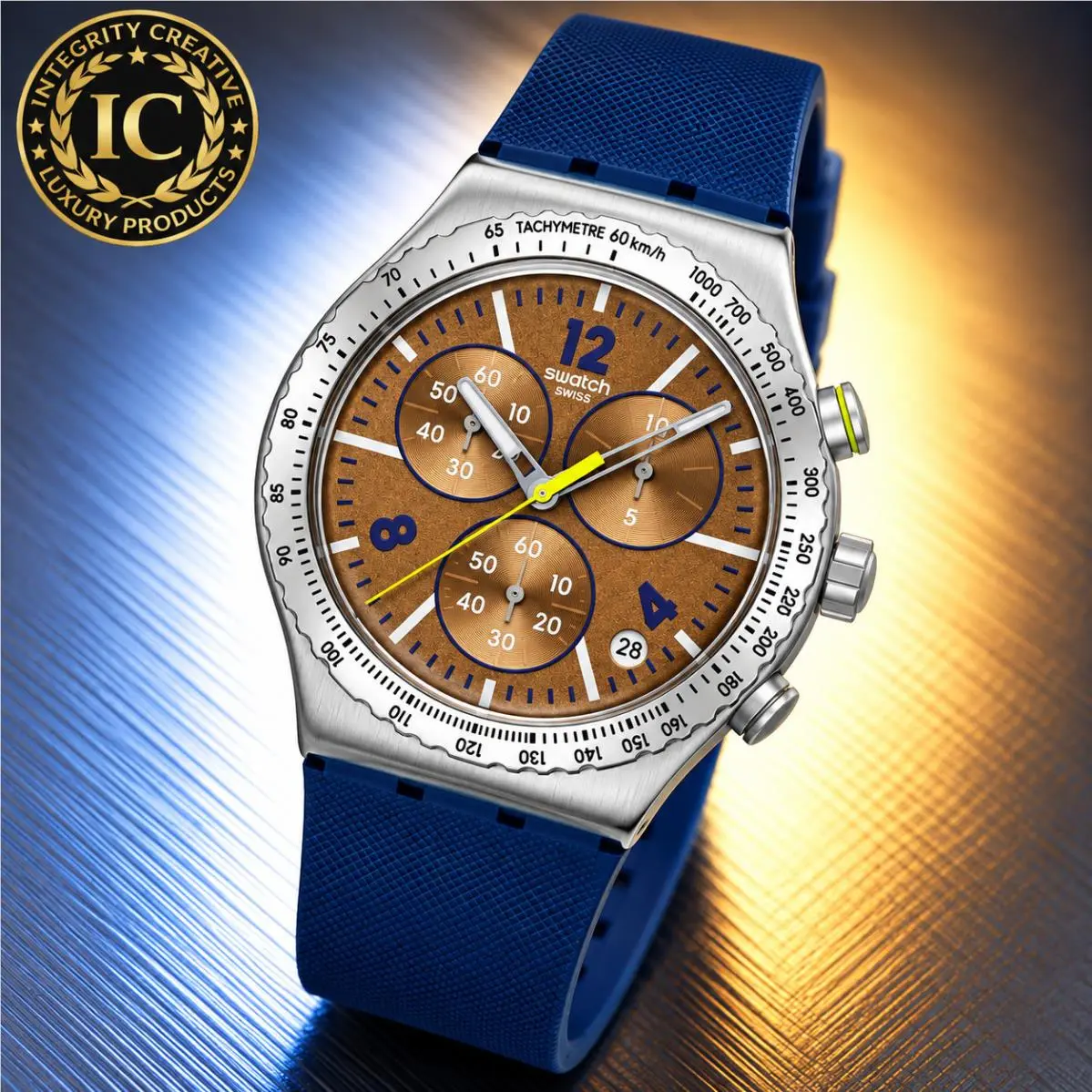 Swatch Unisex 43mm Quartz Chronograph Watch Blue Silicone Strap Brown Dial