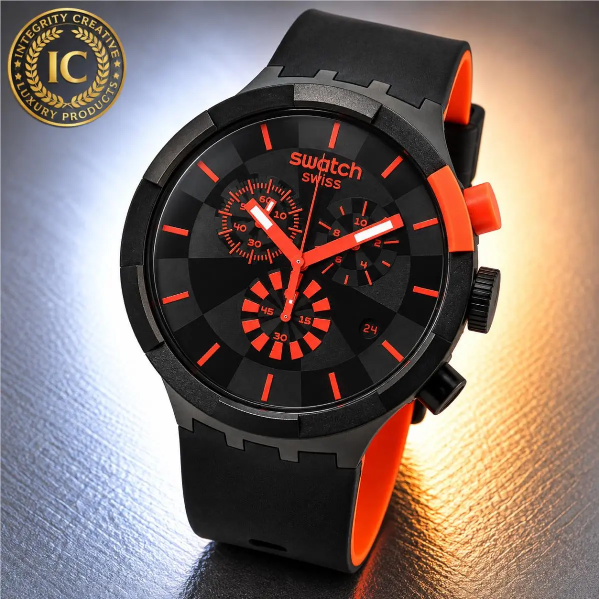 Swatch Unisex 47mm Quartz Chronograph Watch Black Red Orange Dial Silicone Strap
