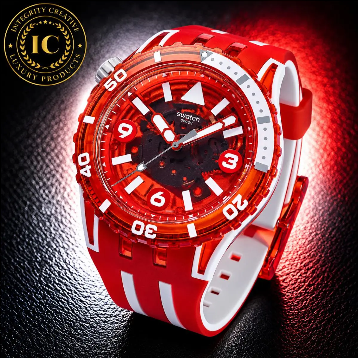 Swatch Unisex 44mm Quartz Diver Skeleton Watch White Red Dial Silicone Wrist