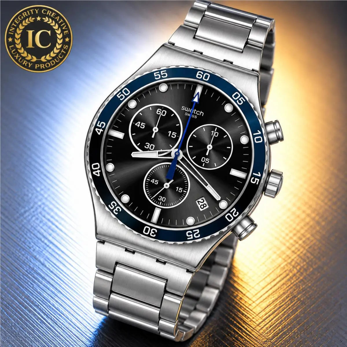 Swatch Unisex 43mm Quartz Analog Watch Stainless Steel Bracelet Black Dial Bezel