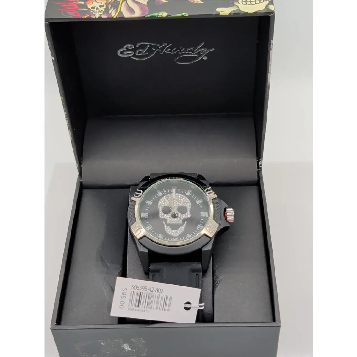 ED Hardy Men’s Crystal Skull Watch Matte Black Sport Band Quartz Movement by Ed Hardy