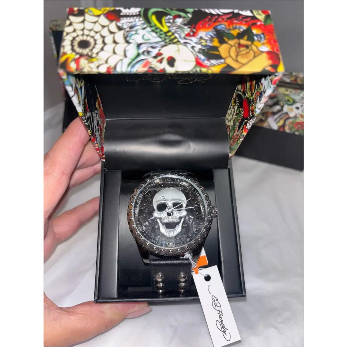 Ed Hardy Men`s Skull Watch Black Studded Leather Strap Analog Quartz