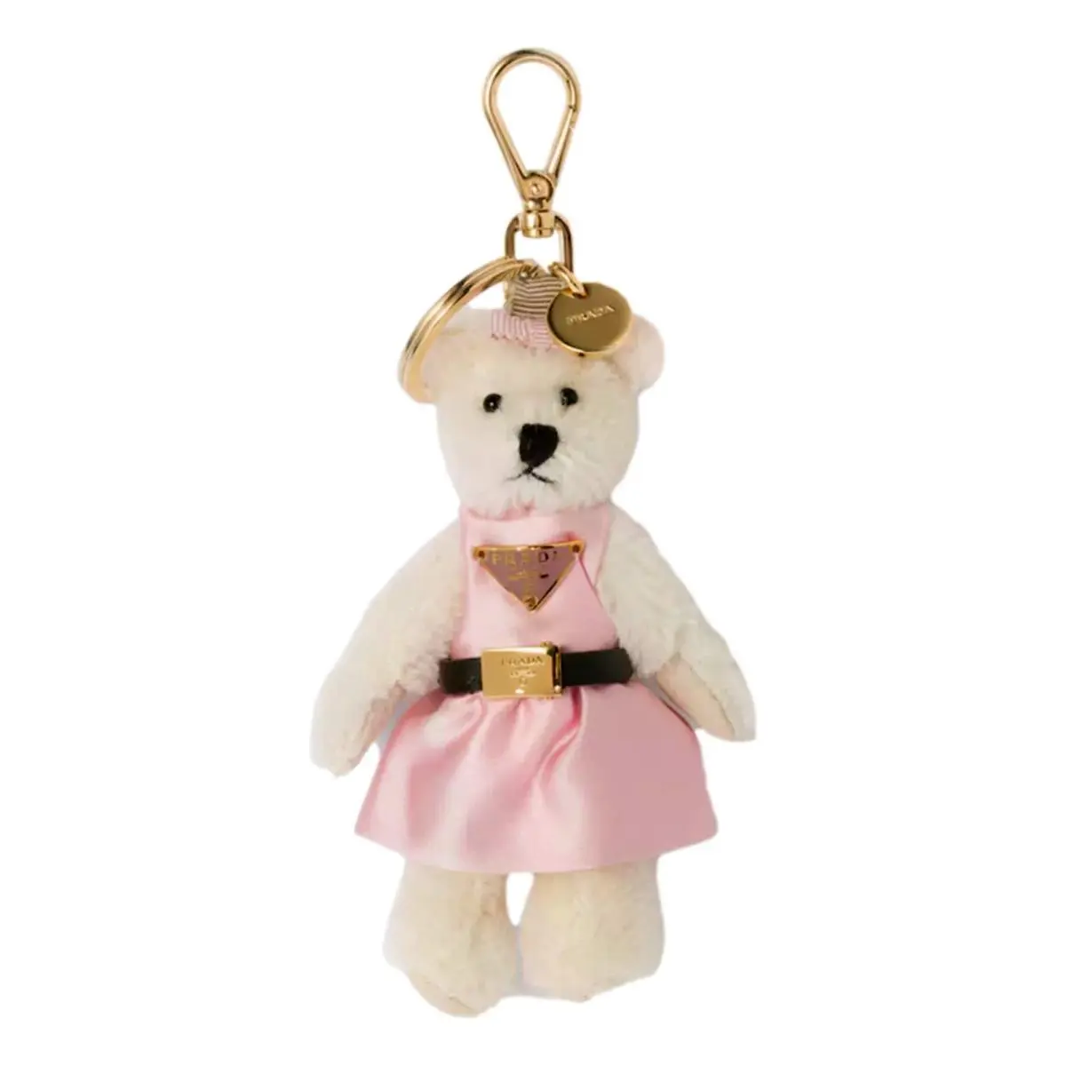 Prada Teddy Bear Bag Charm White Pink Mohair Keychain Gold Clip Italy