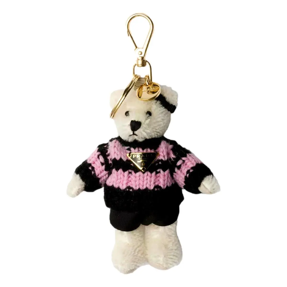Teddy Bear Bag Charm Black Pink White Mohair Keychain Gold Clip by Prada