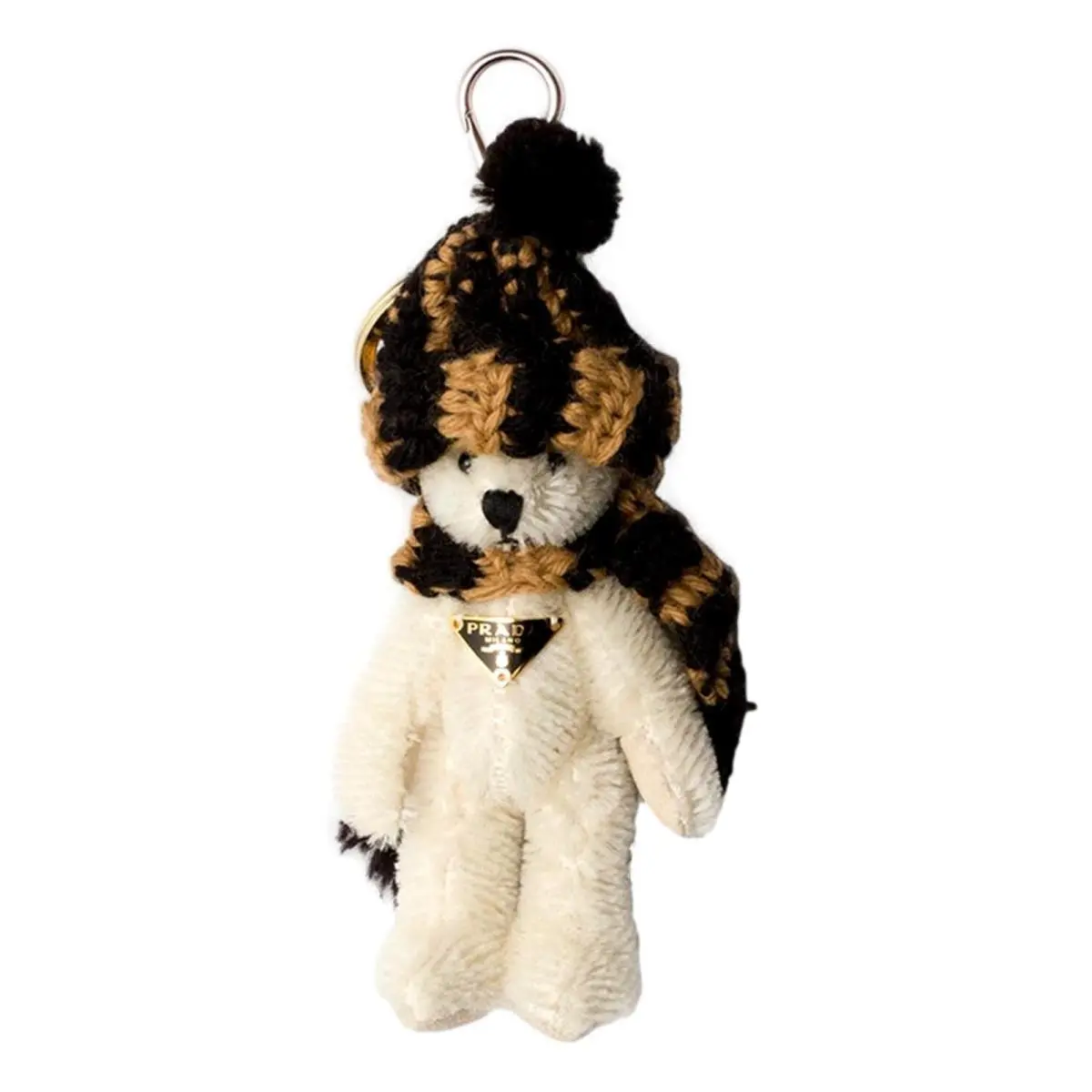 Prada Teddy Bear Bag Charm Cream Mohair Knit Hat Scarf Keychain Gold