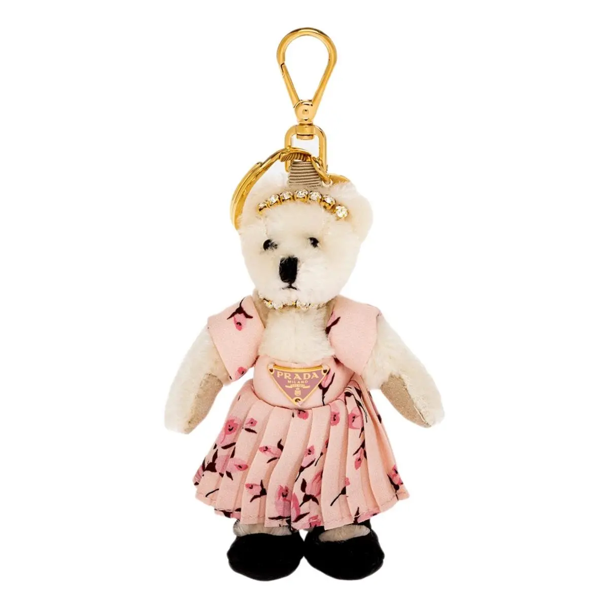 Prada Teddy Bear Crystal Bag Charm Pink Floral Mohair Keychain Gold Clip