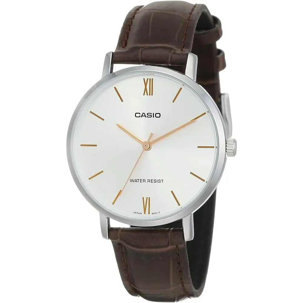 Casio Women`s Minimalistic White Dial Brown Leather Band Watch LTP-VT01L-7B2UDF