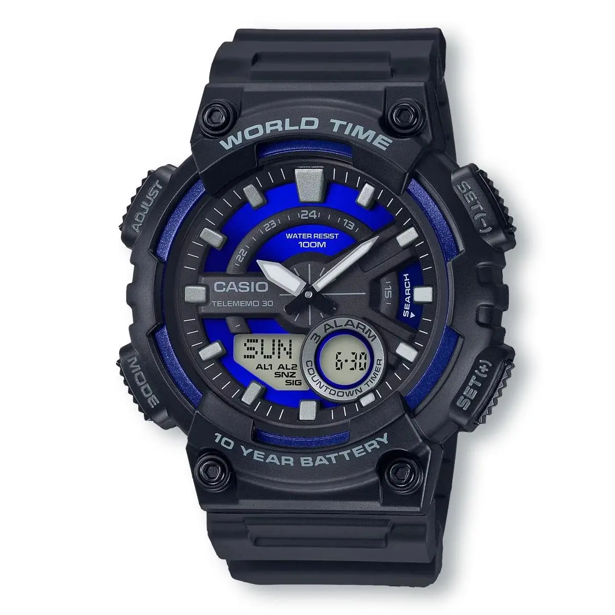 Casio AEQ110W-2A2 Analog/digital Combination Telememo Watch Black/blue