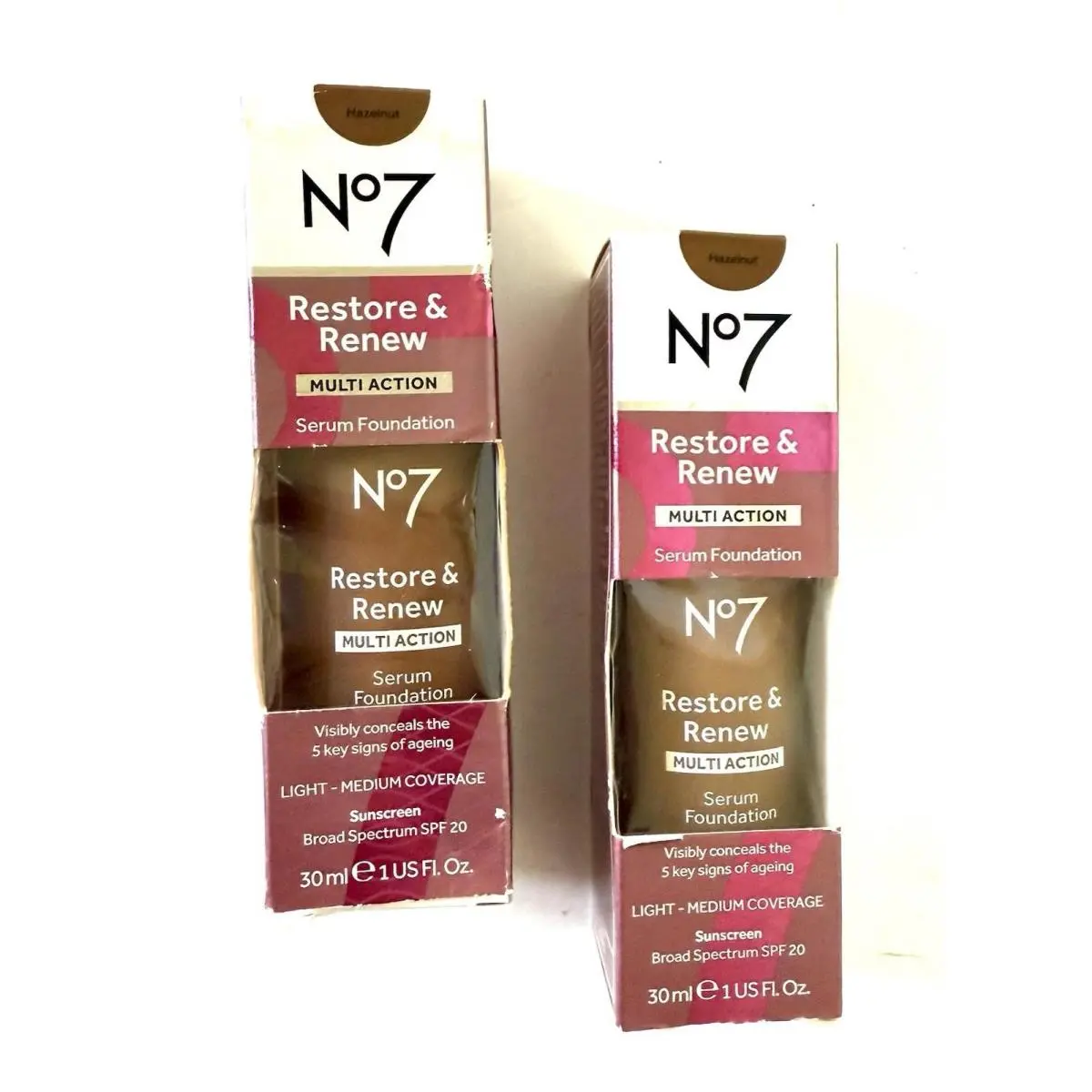 No7 Restore Renew Multi Action Serum Foundation SPF20 1.01oz Each Hazelnut 2PK