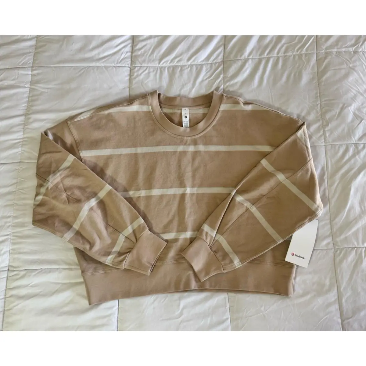 Lululemon 10 Beige Striped Perfectly Oversized Cropped Crew Sweater