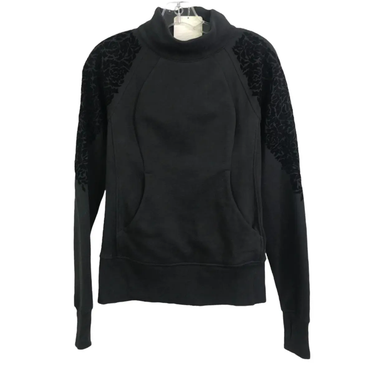 Lululemon Women`s Jacket Black Floral Flock Pullover Cotton Back Zip Sz 4