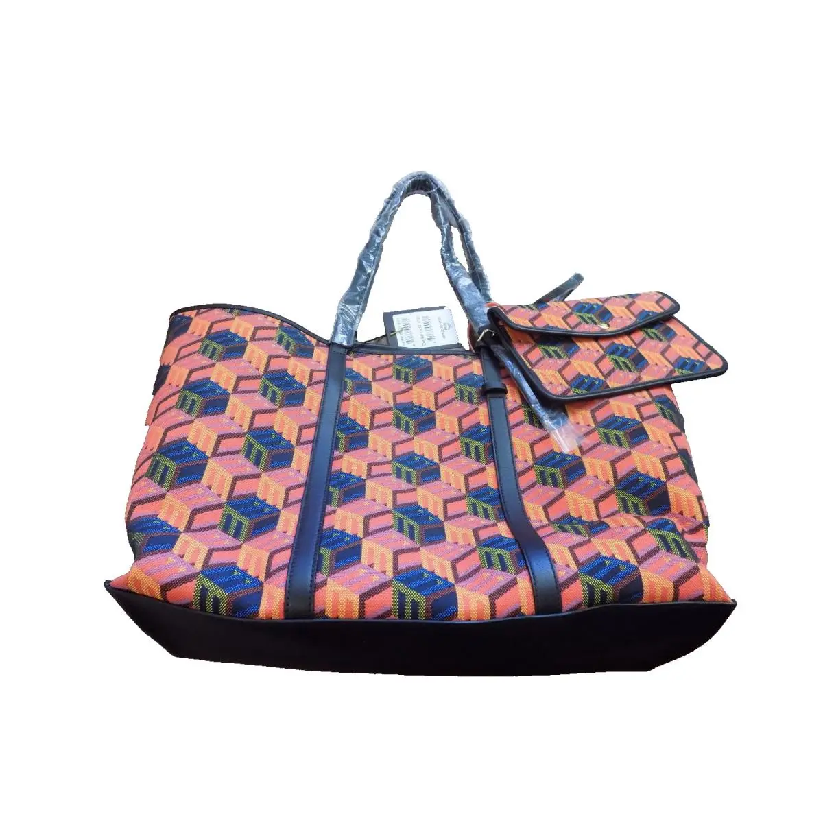 Mcm Visetos Big Travel Tote Orange Cube Jacquard w Envelope Bag Set