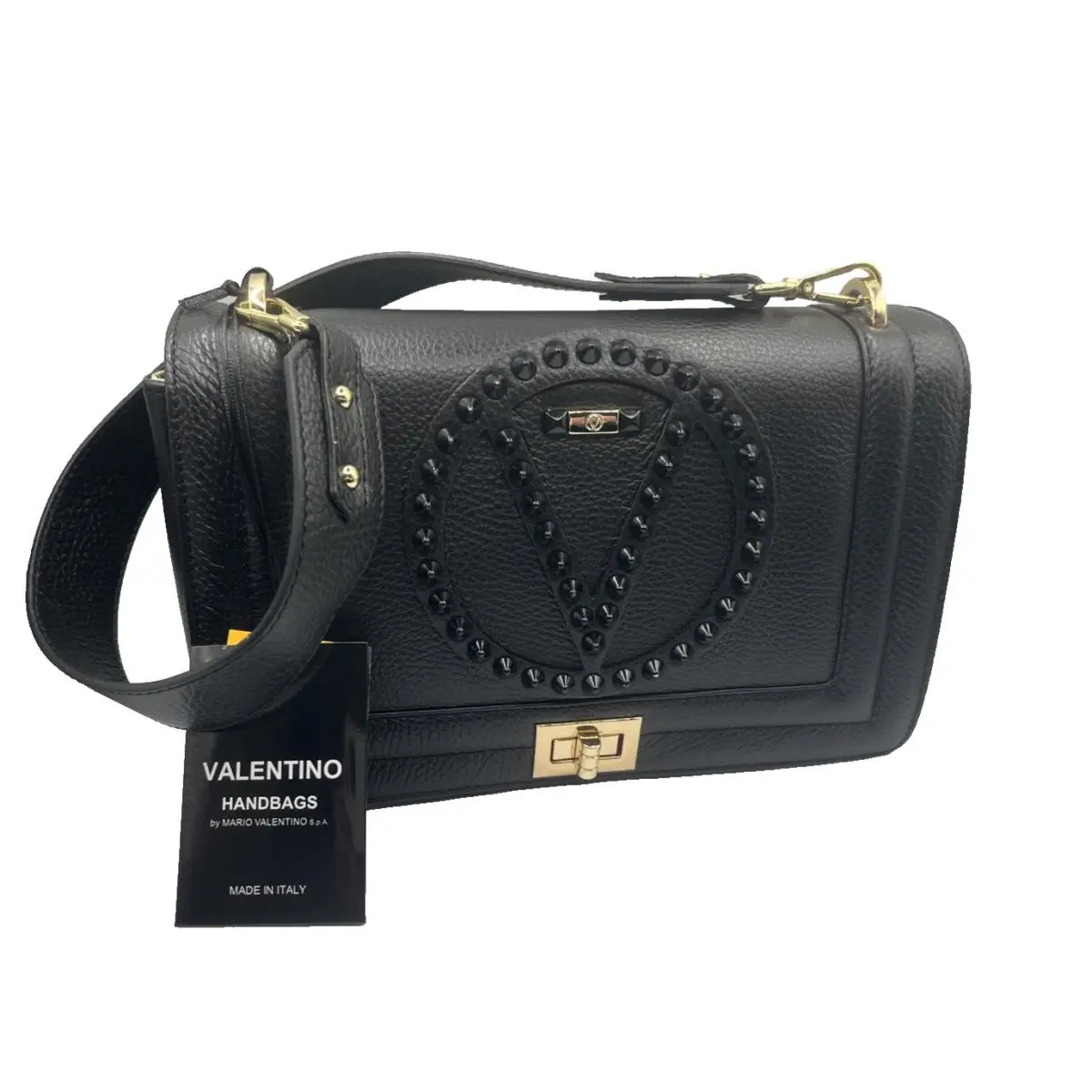 Valentino by Mario Valentino Black Leather Alice Rock Shoulder Bag Purse