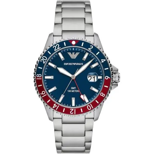 Emporio Armani AR11590 Mens Gmt Watch Blue Red Bezel Swiss Quartz 100m Date