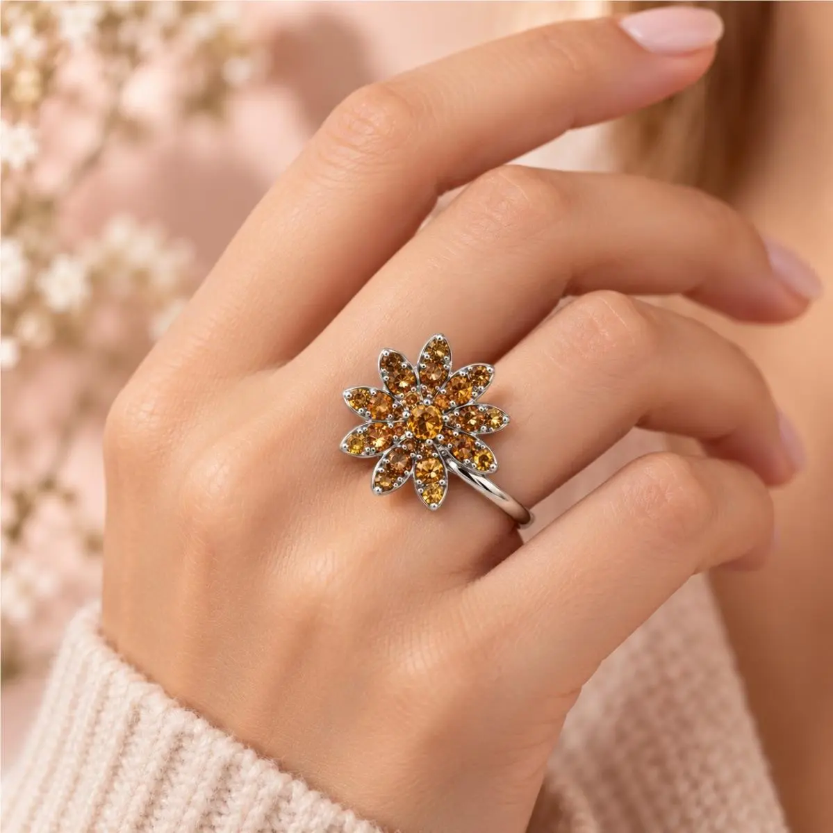 Swarovski Eternal Flower Ring Size 58 Orange Crystal Silver Tone Statement