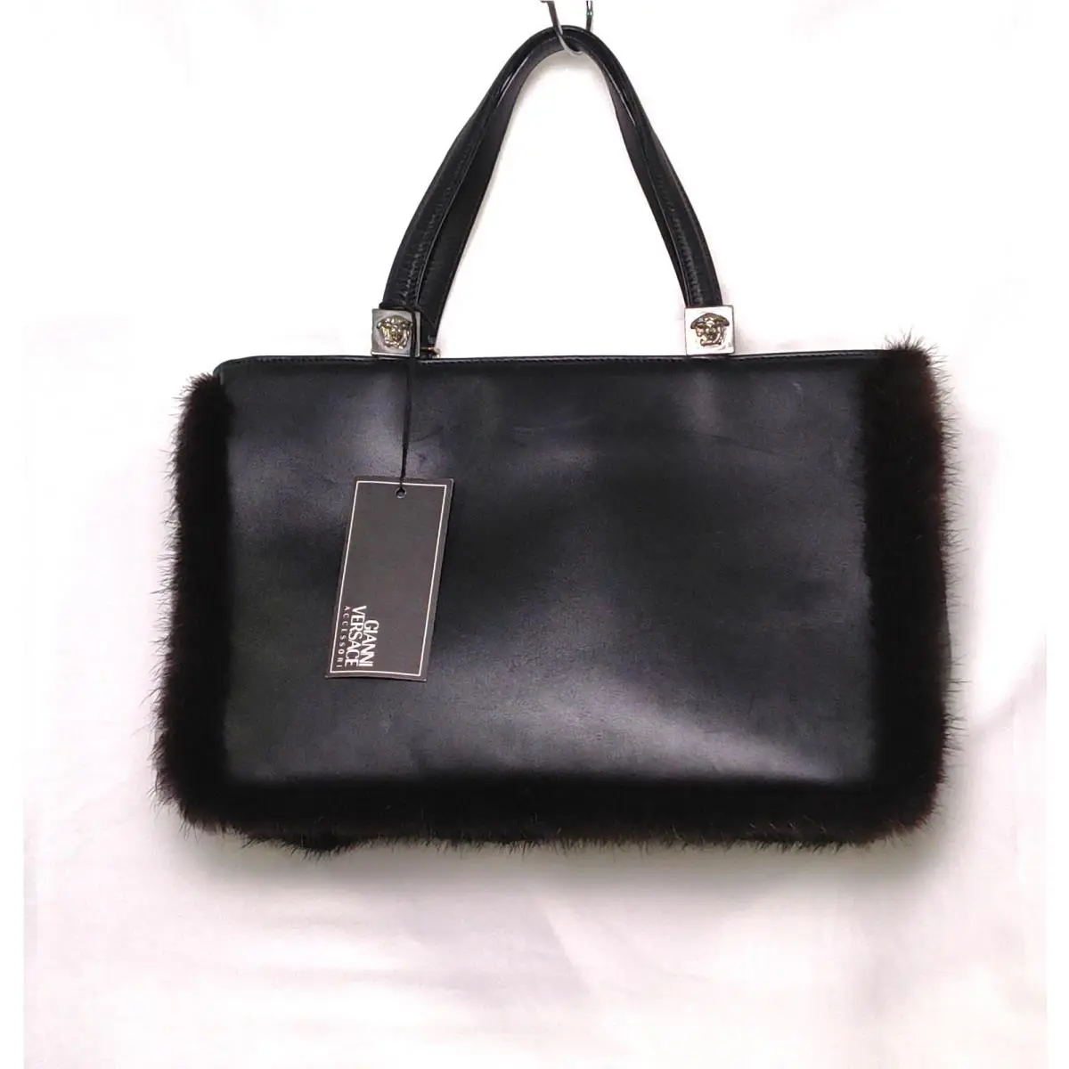 Gianni Versace Vintage Bag Black with Fur Trim 11 x 7.5 x 4