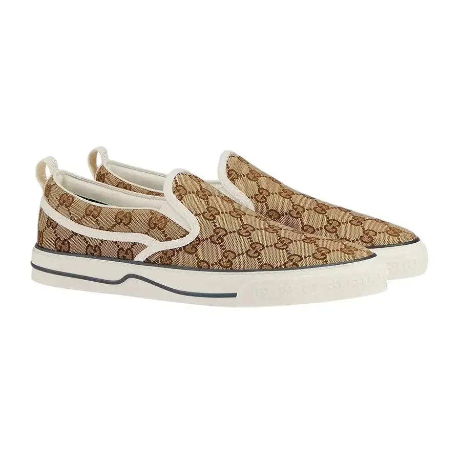 Men`s Gucci Beige Canvas Tennis 1977 GG Slip On Sneakers 643489