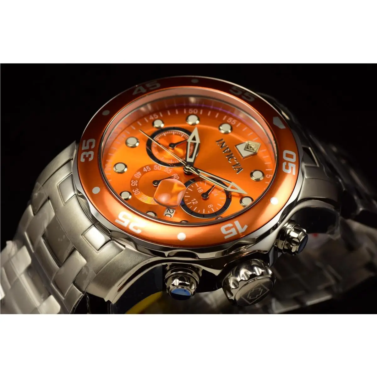 Invicta Men Pro Diver Scuba Quartz Chronograph Watch Orange Face Silver Bracelet