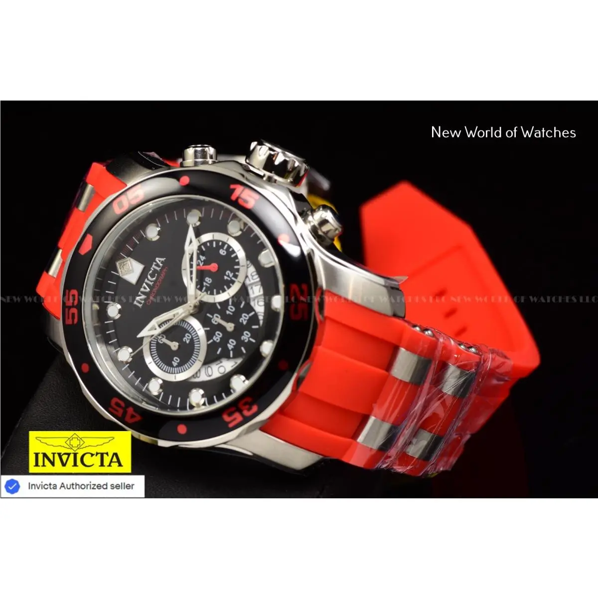 Invicta Men`s Pro Diver 48mm Chronograph Black Dial Bold Red Strap Sports Watch