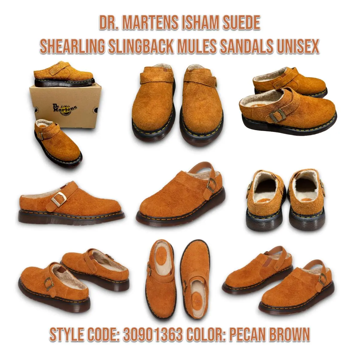 Dr. Martens Isham Brown Shearling Mules Sandals Unisex US W-11 M-10 Shoes _A2