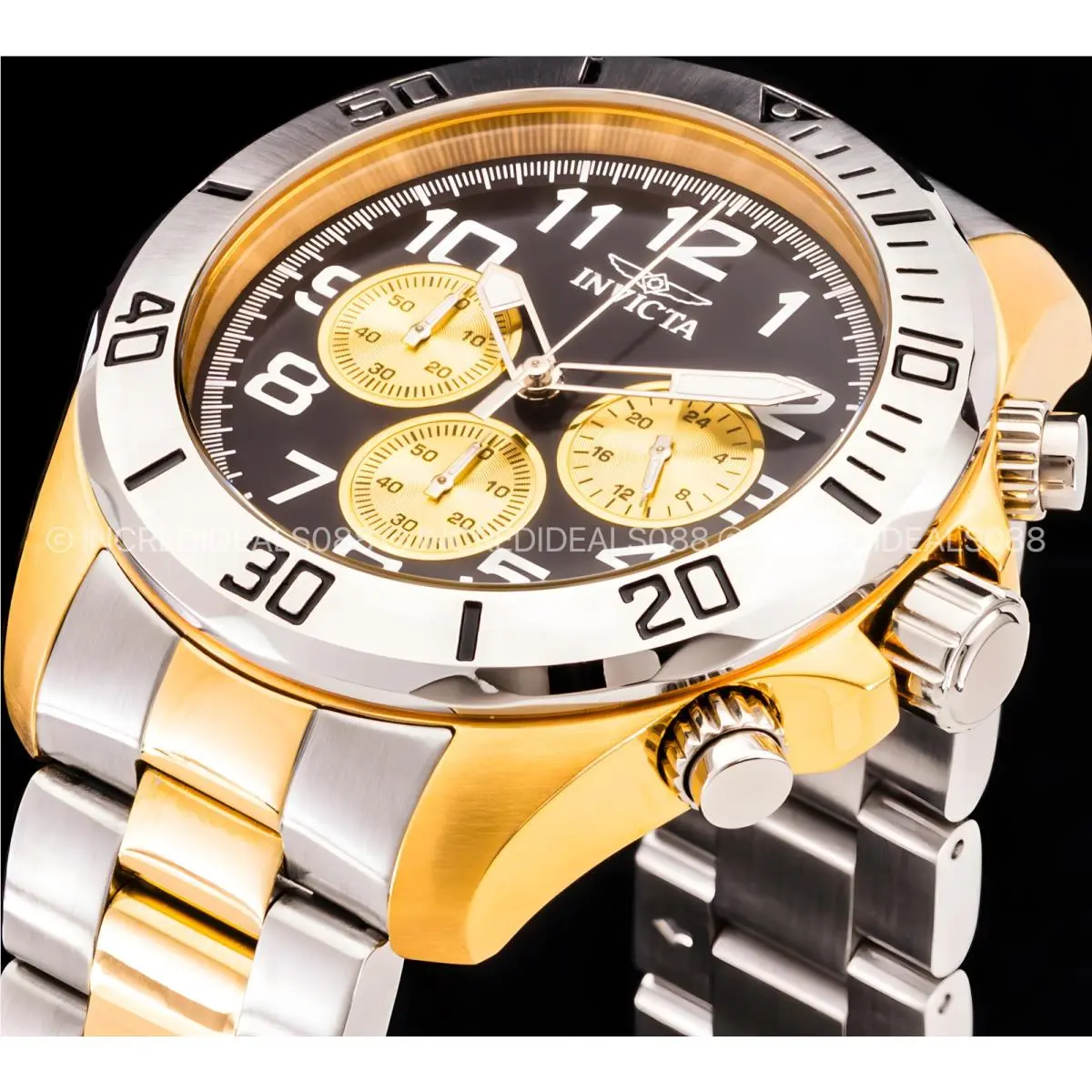 Invicta Mens Pro Diver Chrono 18K Gold Silver Black Dial Two Tone Bracelet Watch